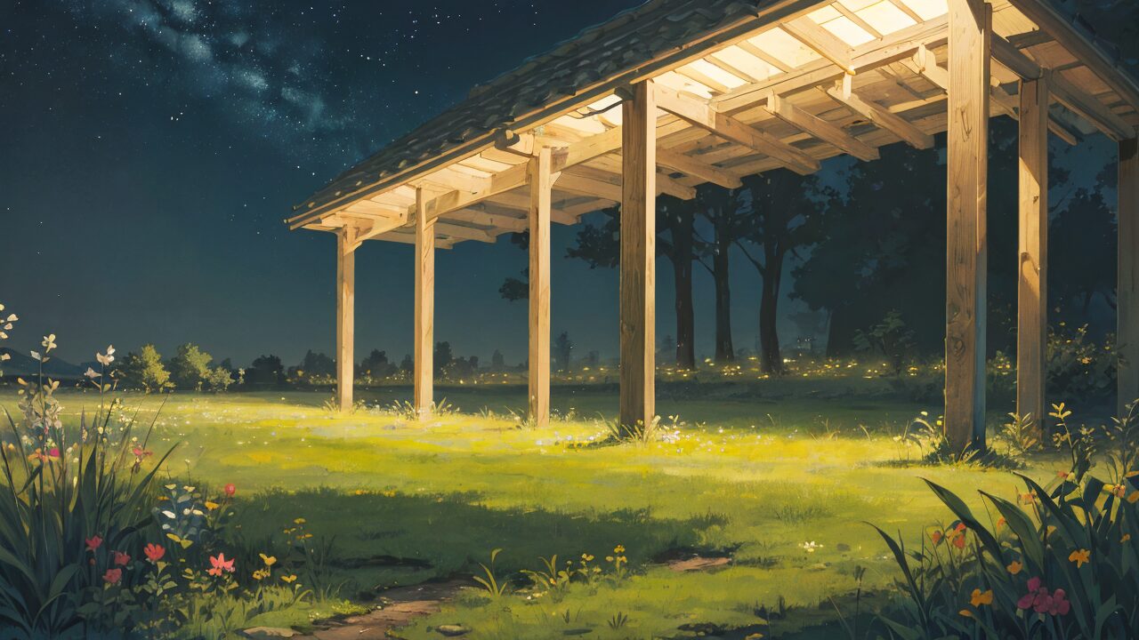 星空の下・木造ポーラ・花畑の夜のイラスト素材