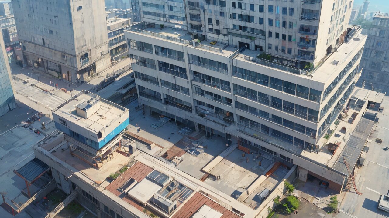 都市廃墟・荒廃したビル群・空き建物のイラスト素材