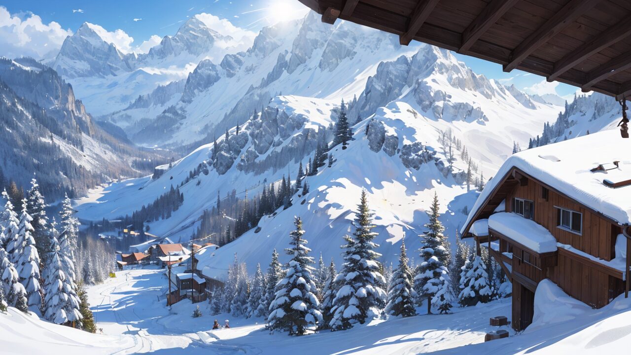 雪山・アルパカ・木造建築のイラスト素材