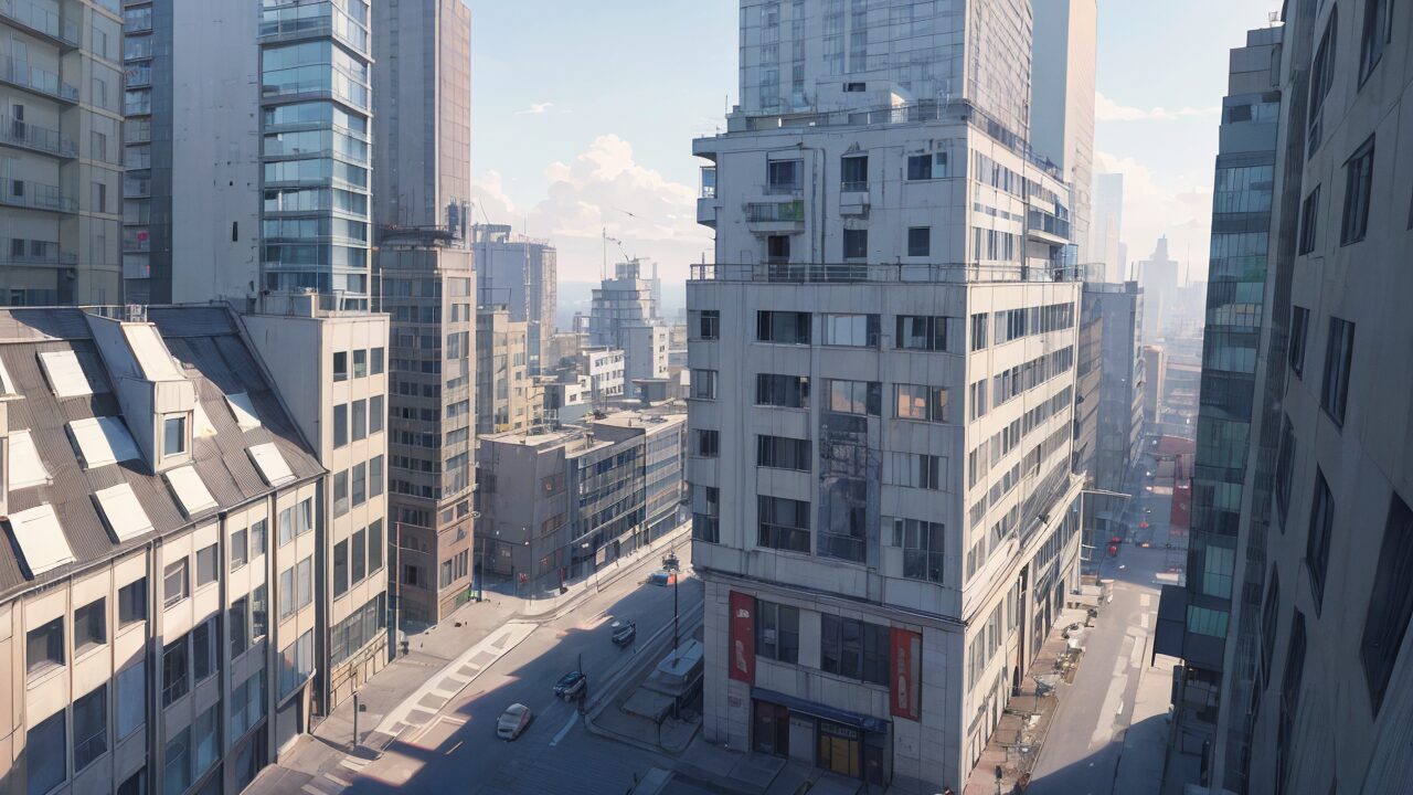 都市風景・高層ビル群・日中の街角のイラスト素材