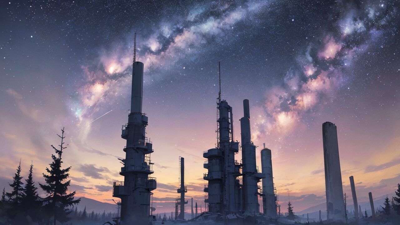 工業施設・夜空・星雲のイラスト素材