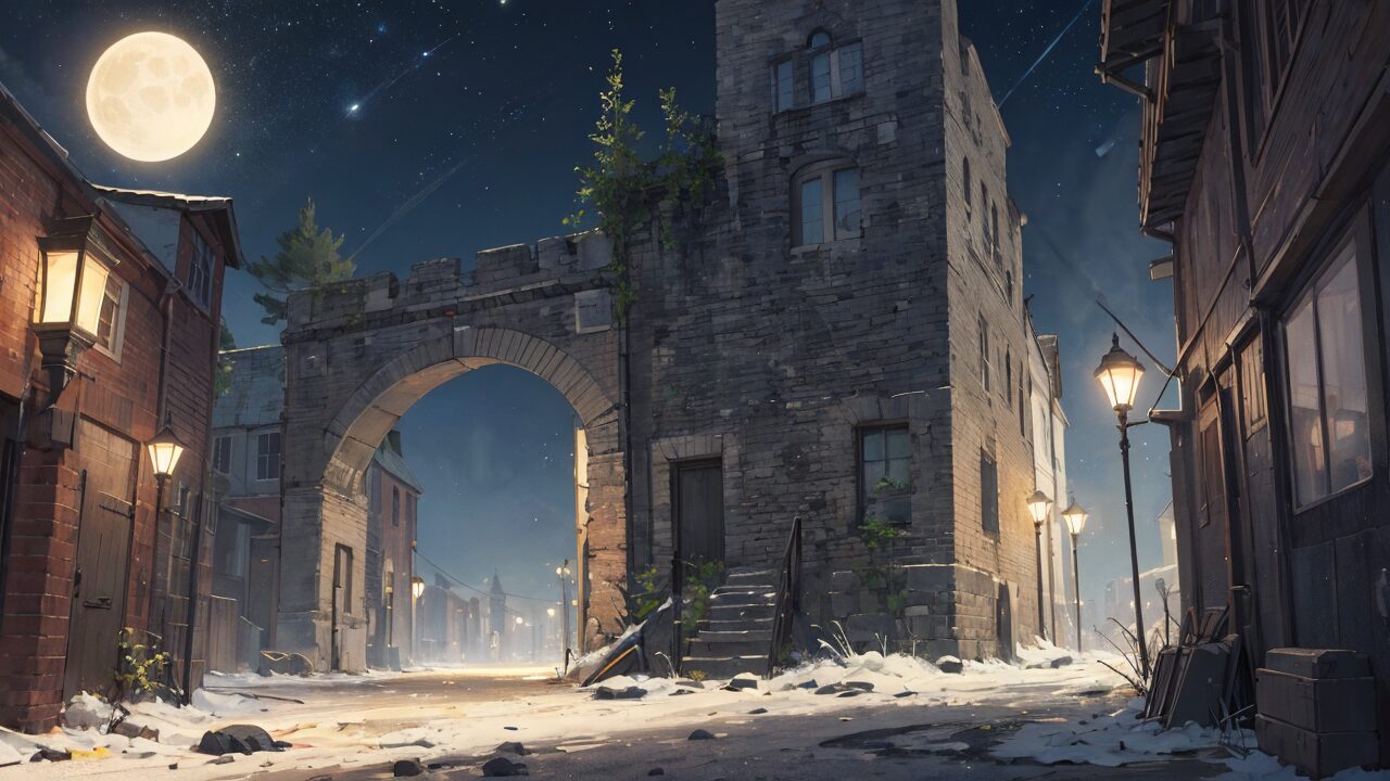 月明かり・夜の街並み・石造りの門のイラスト素材