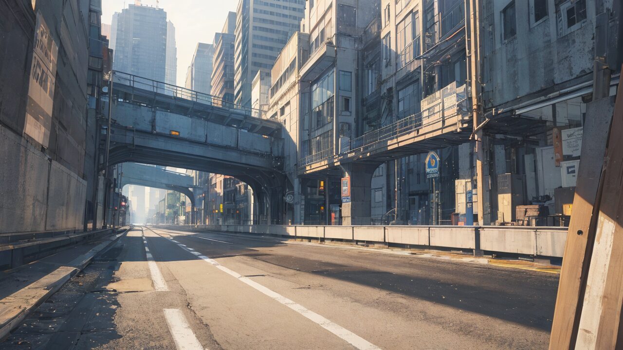都市風景・高層ビル・空き道のイラスト素材