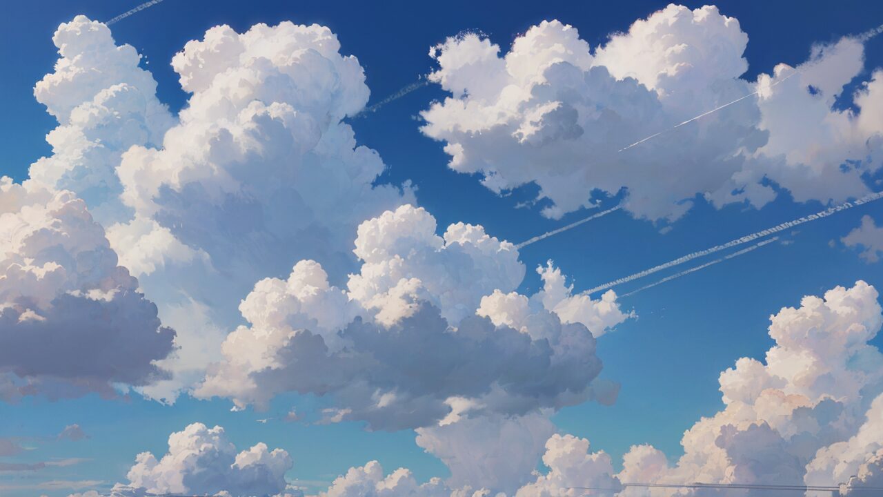 青空・積雲・航空機尾跡のイラスト素材