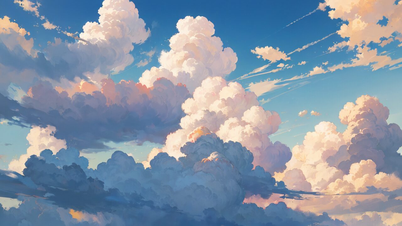 空きの雲・夕焼けの青空・アニメ風のイラスト素材