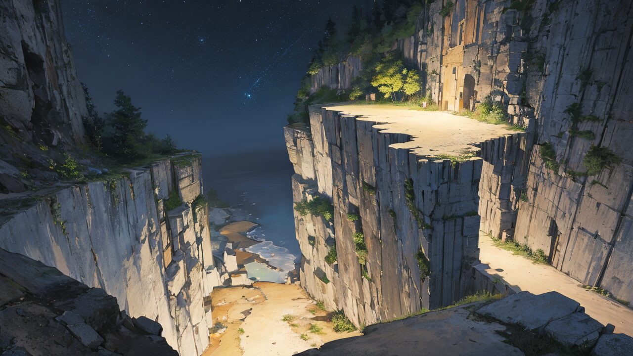 夜の崖・星空の谷・古代遺跡のイラスト素材