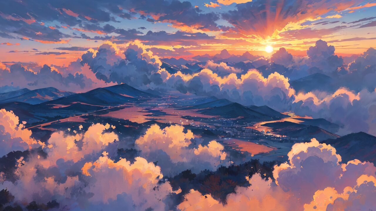 夕焼け・山々・雲のイラスト素材