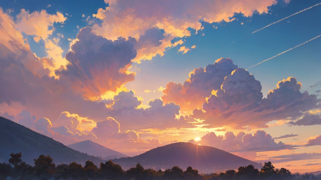 夕焼け・山並み・雲のイラスト素材