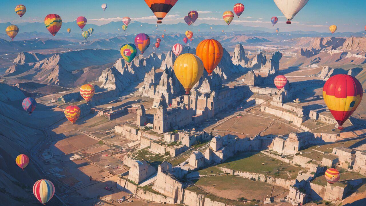 hotairballoons・ancientcity・mountainscapeのイラスト素材