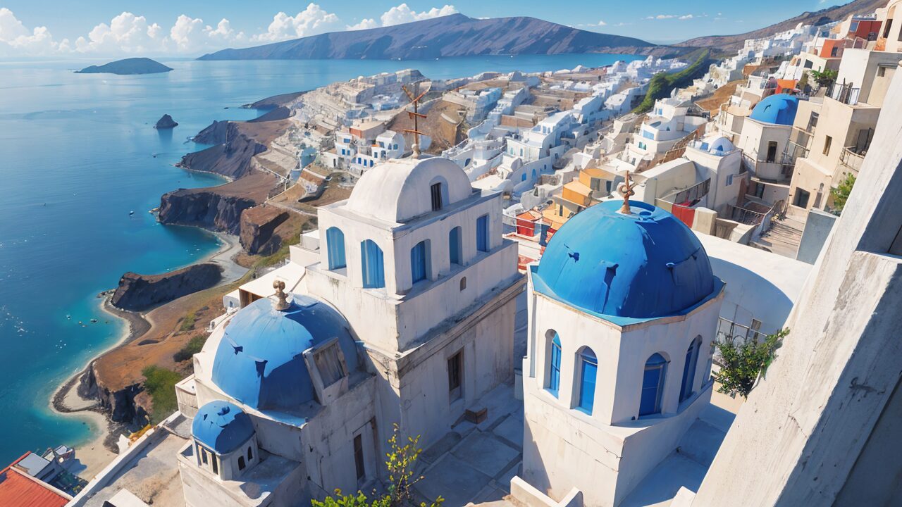 ギリシャ・青いドーム・海辺の町のイラスト素材