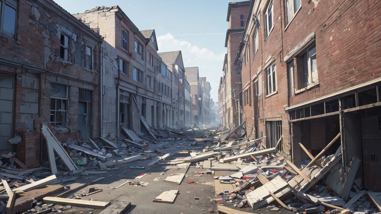 destroyed city・ruined buildings・abandoned streetのイラスト素材