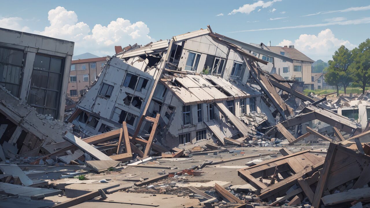 地震被害・崩壊建物・瓦礫散乱のイラスト素材