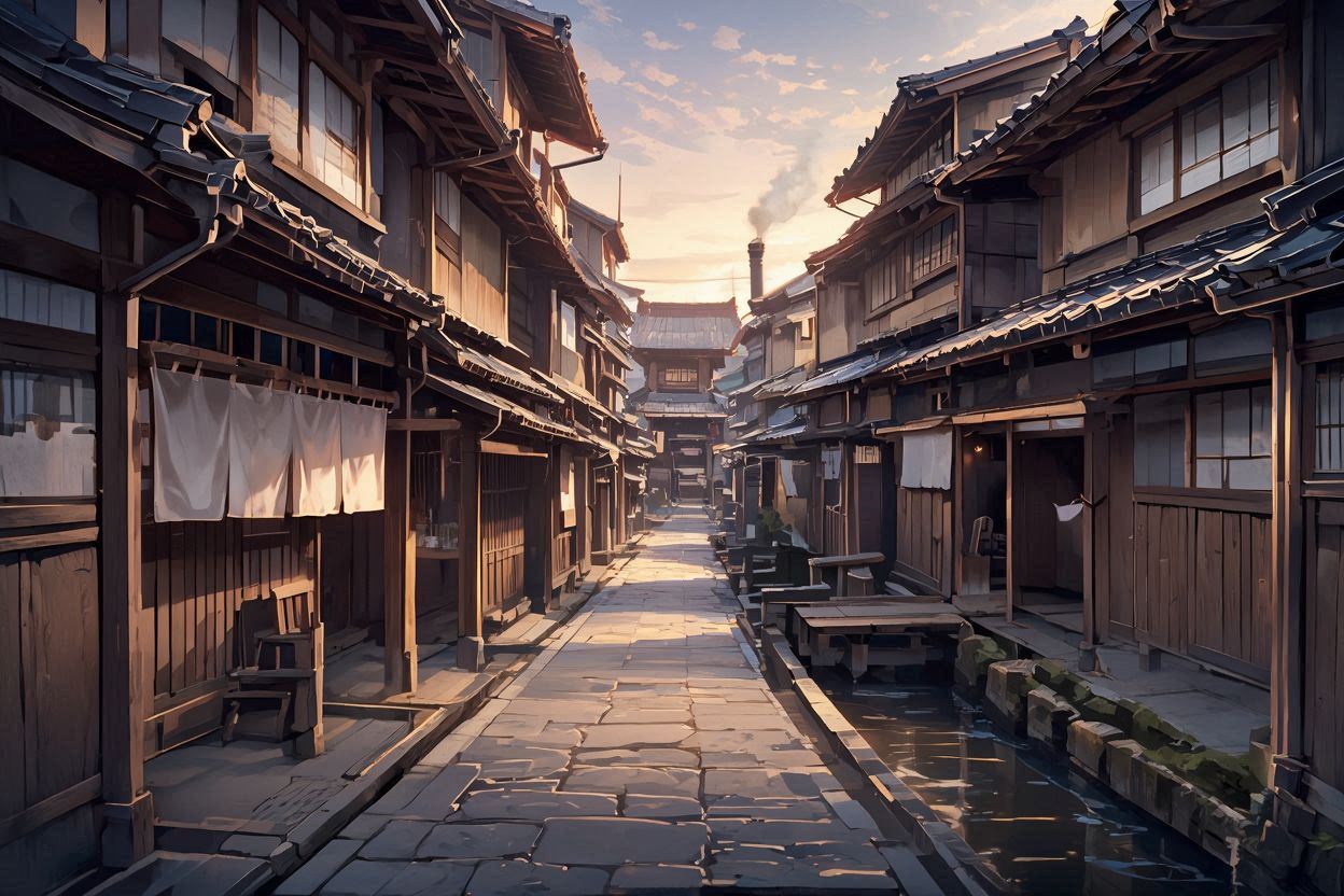 町・水路・木造建築のイラスト素材