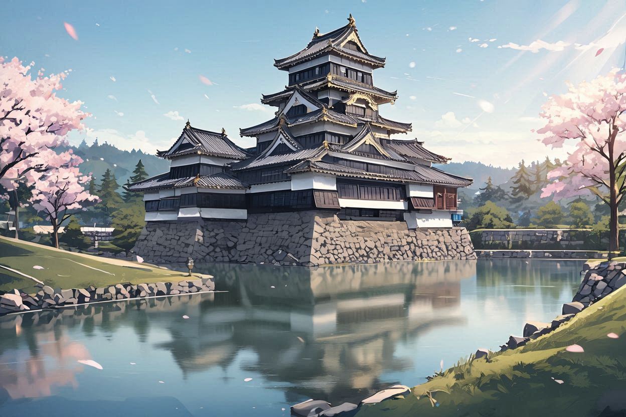 城・桜・湖のイラスト素材