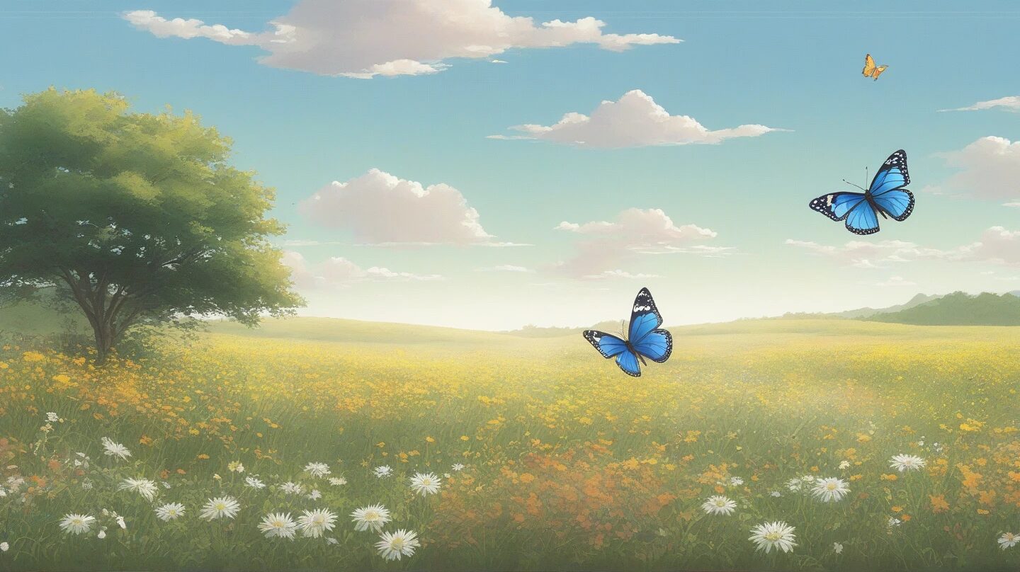 春の草原・青い蝶・晴れた空のイラスト素材