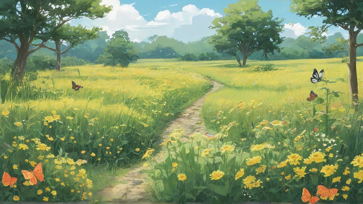 春の畑・蝶の舞・青空のイラスト素材