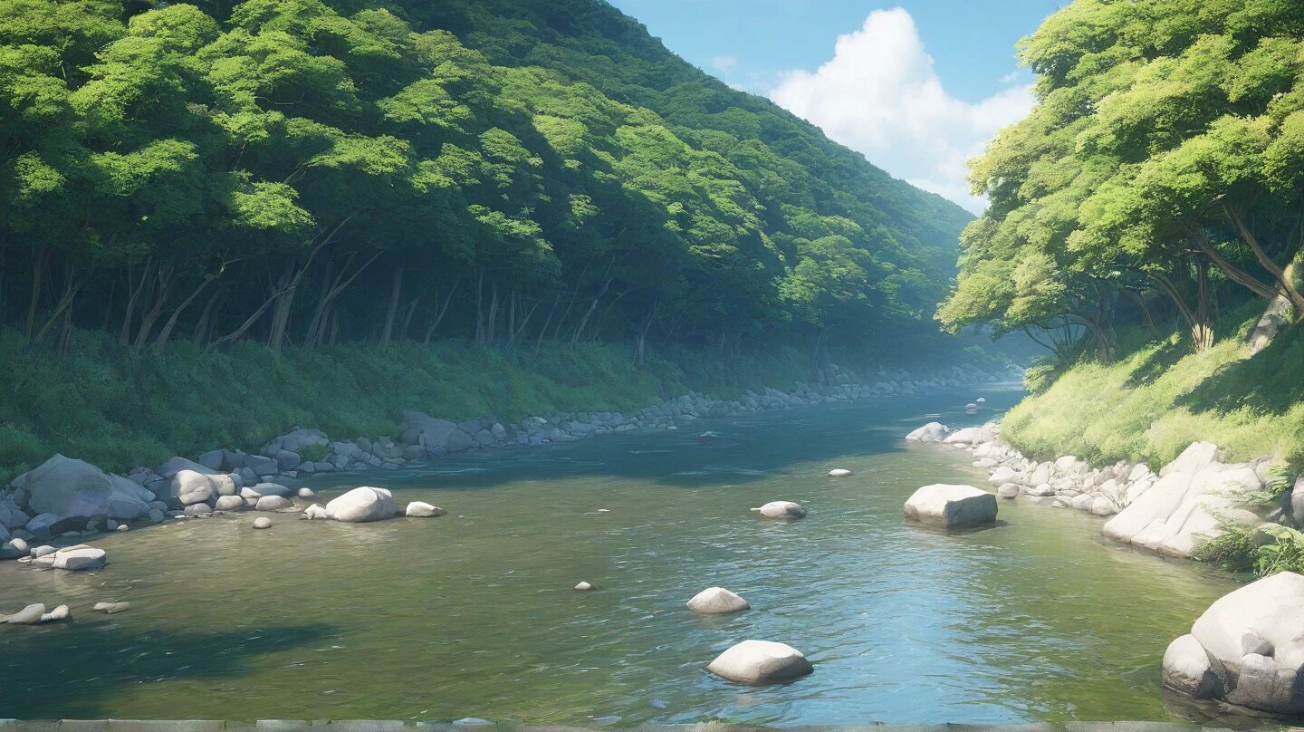 森林溪流・自然风景・夏日绿意のイラスト素材