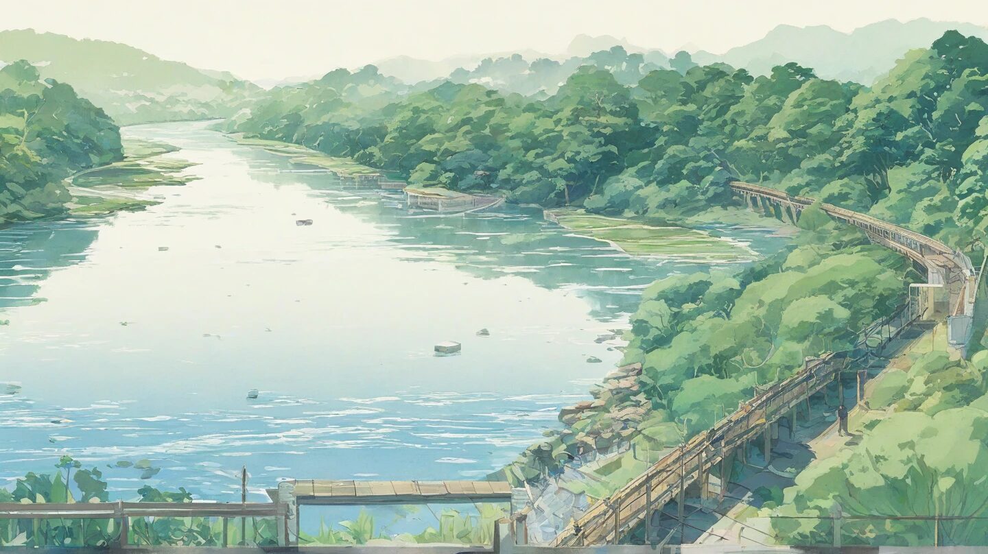 自然風景・静かな川・緑豊かな山のイラスト素材
