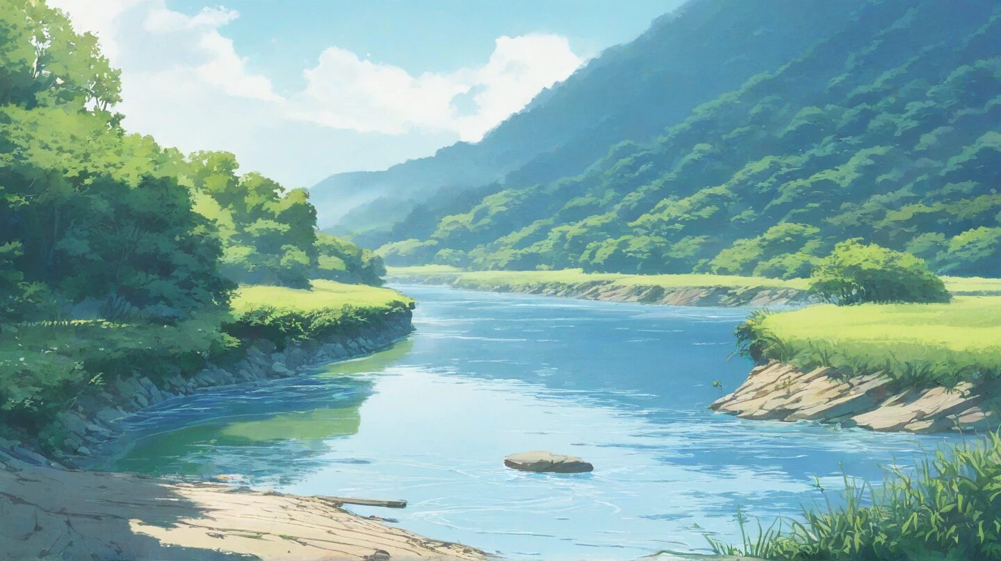 自然風景・川・緑豊かな山のイラスト素材