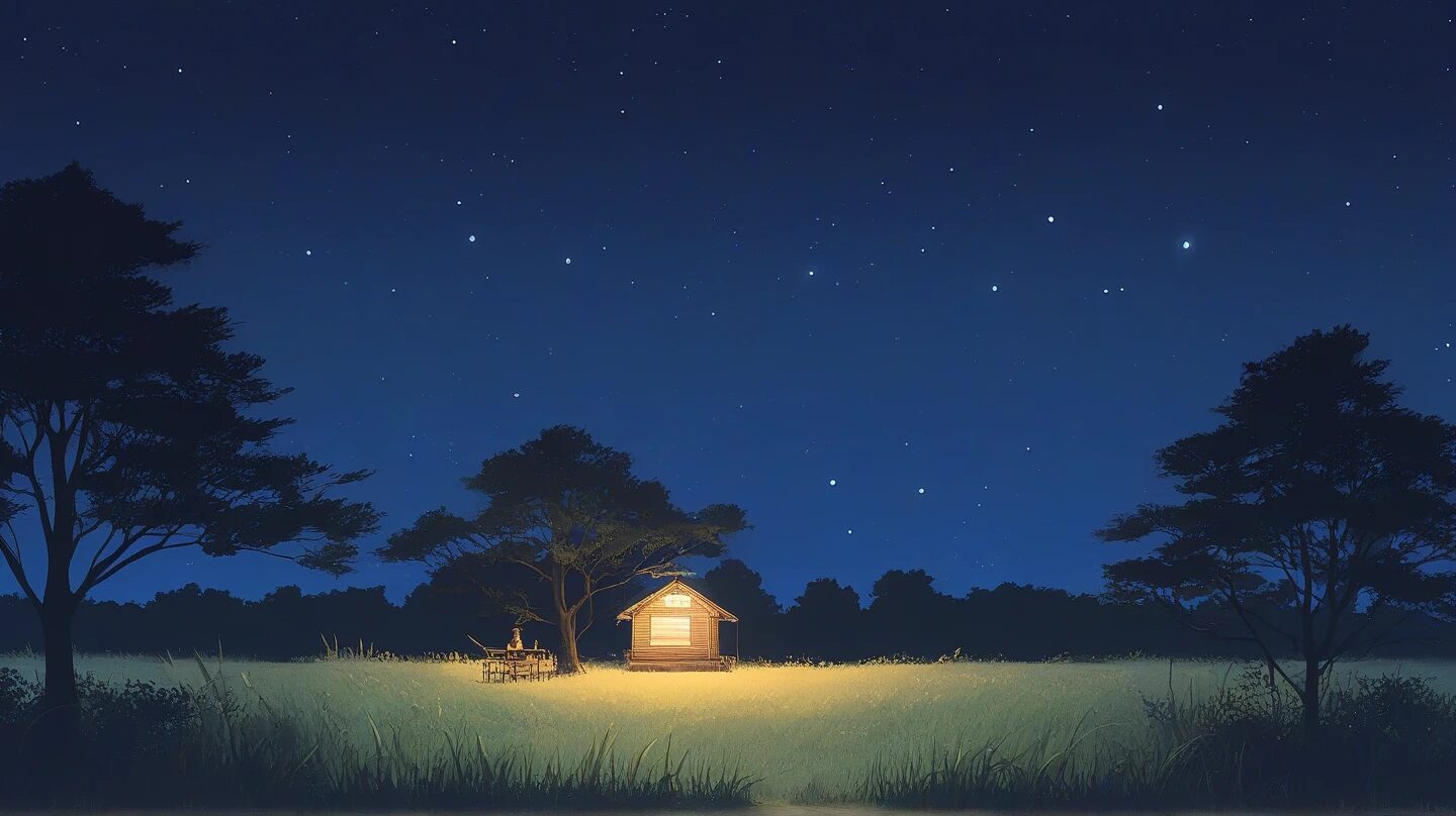星空・夜の木屋・静かな草原のイラスト素材