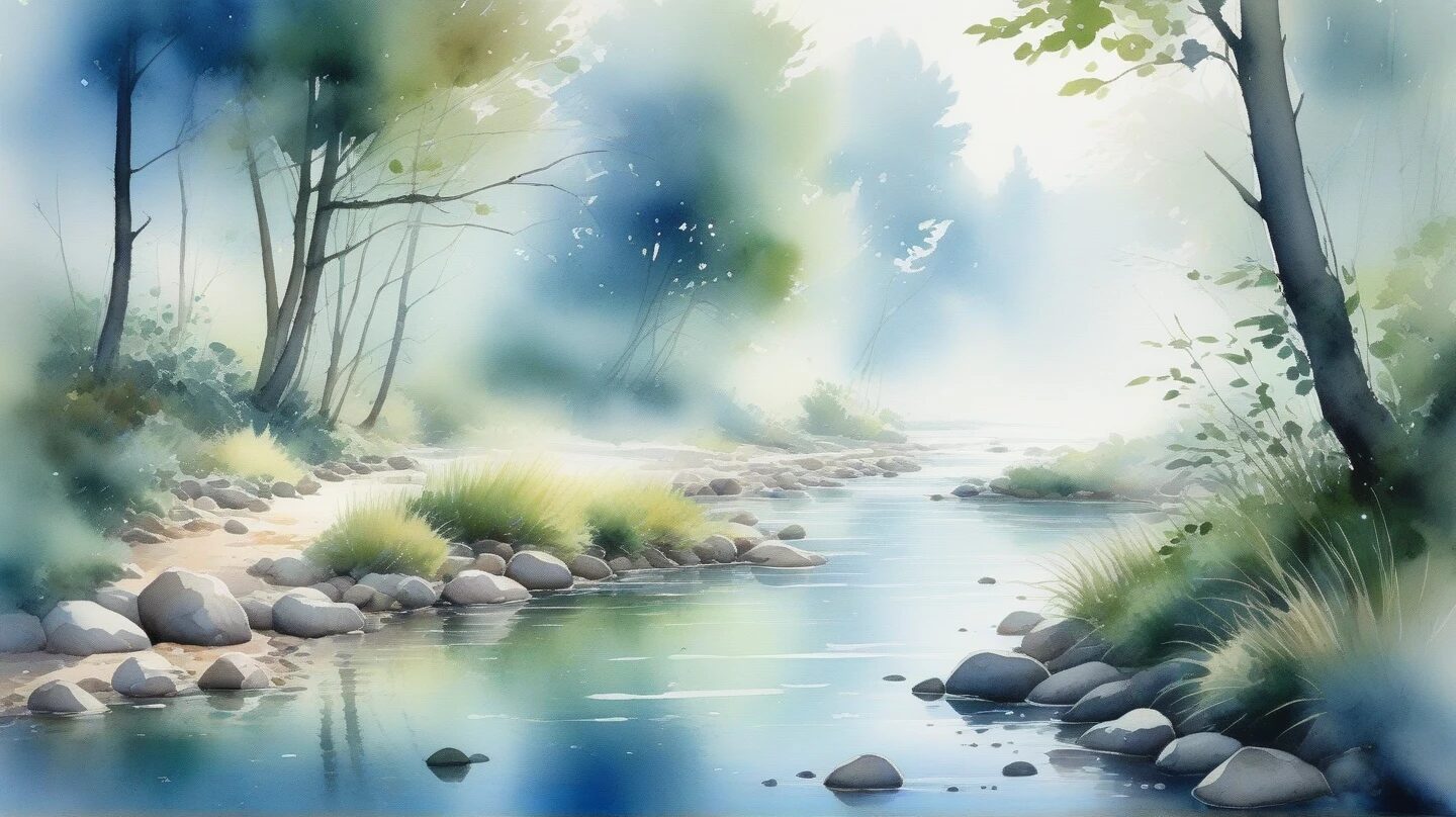 水彩風・静かな川・自然风景のイラスト素材