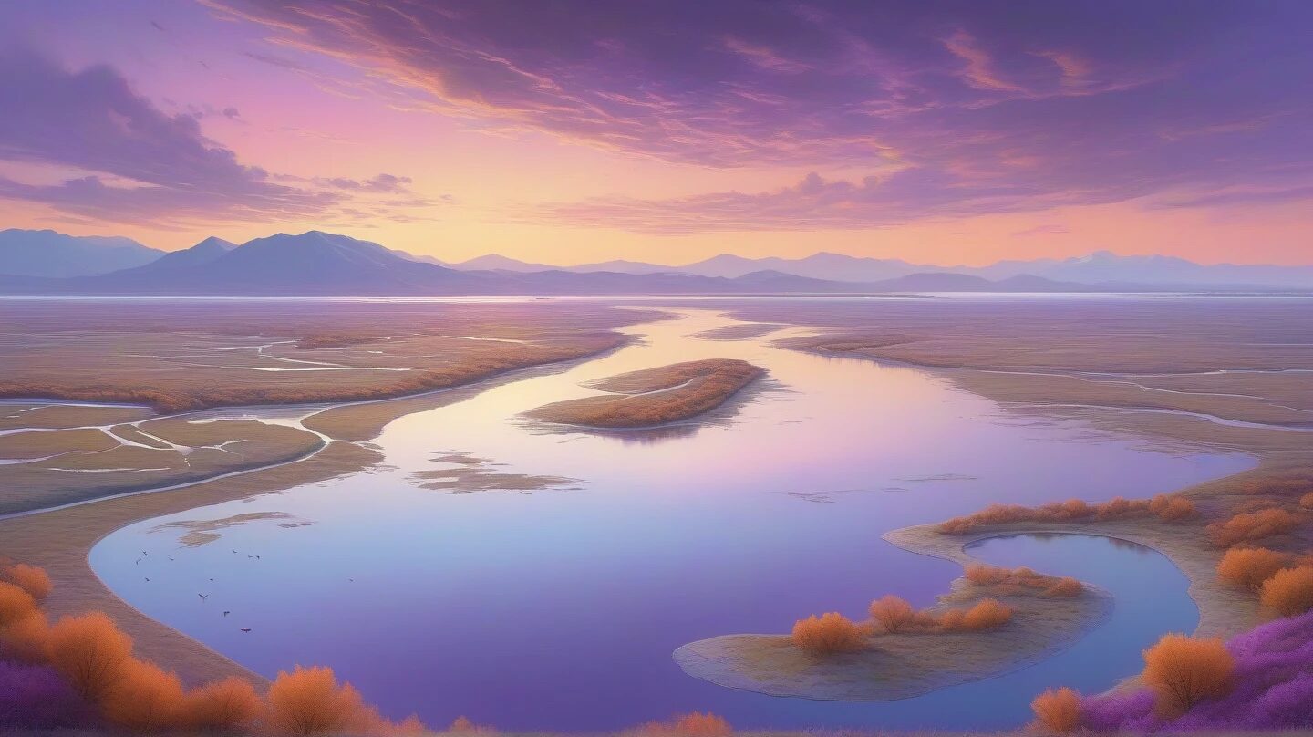 夕焼け・風景・河川のイラスト素材