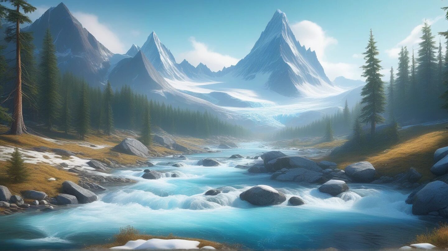 山岳風景・清流・自然景色のイラスト素材