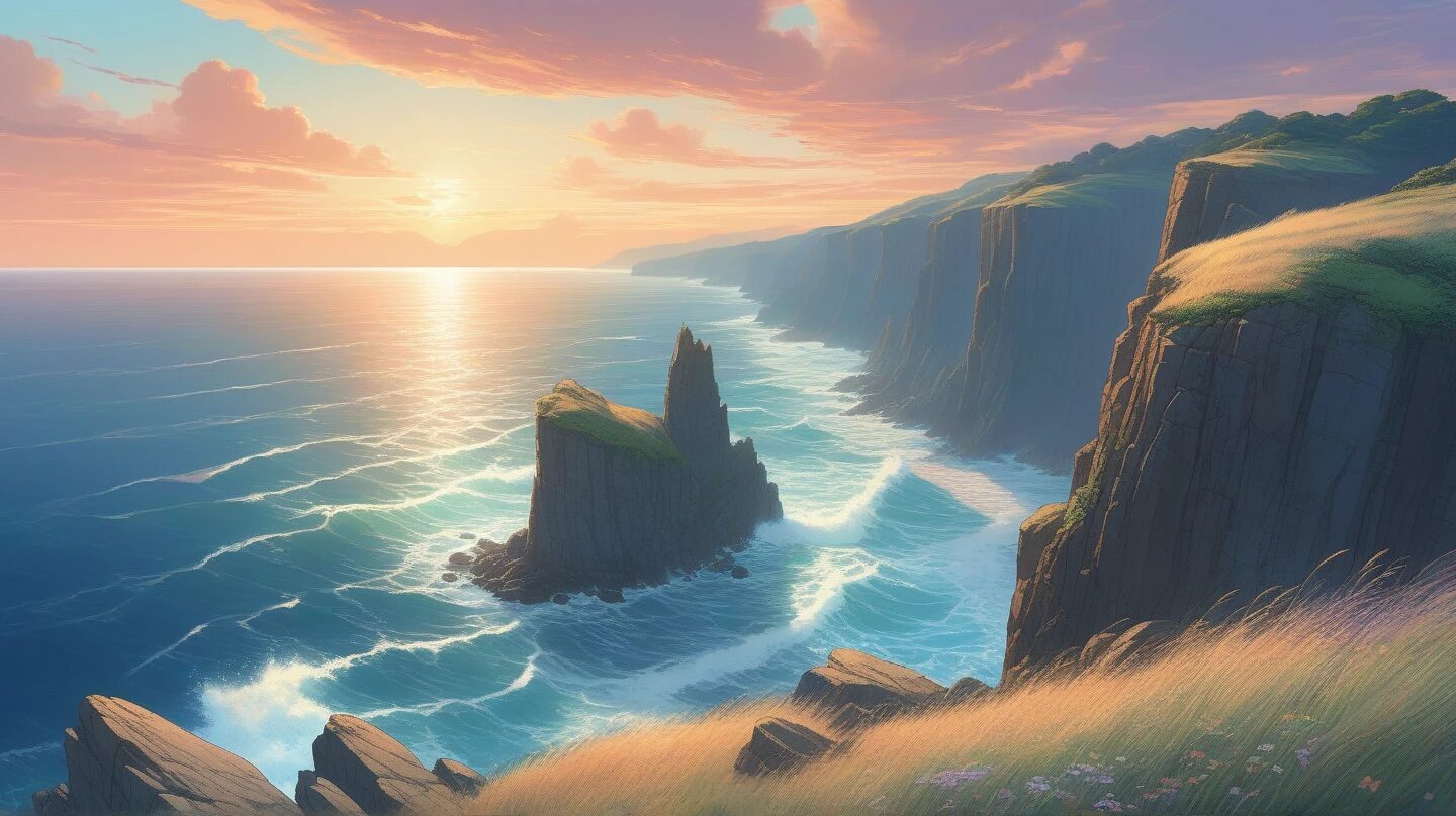 海岸線・夕焼け・岩場のイラスト素材