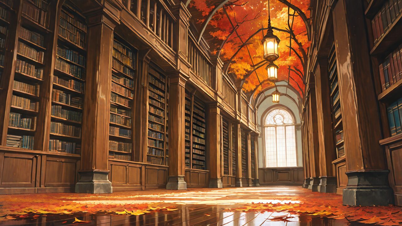 図書館・蔵書・秋の葉のイラスト素材