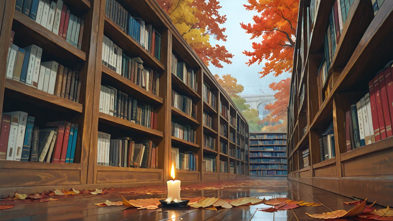 図書館・本棚・秋の葉のイラスト素材