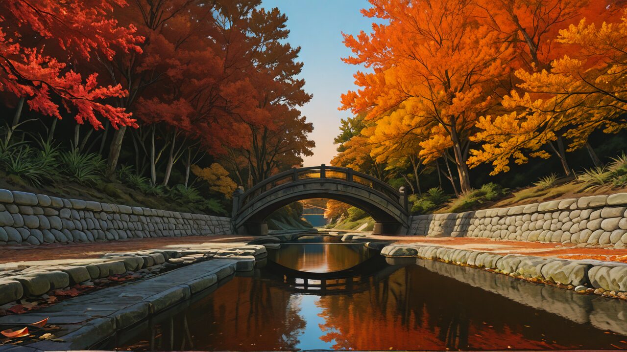 橋・紅葉・川のイラスト素材