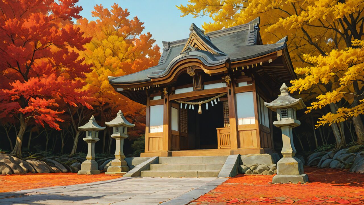 神社・紅葉・石灯籠のイラスト素材