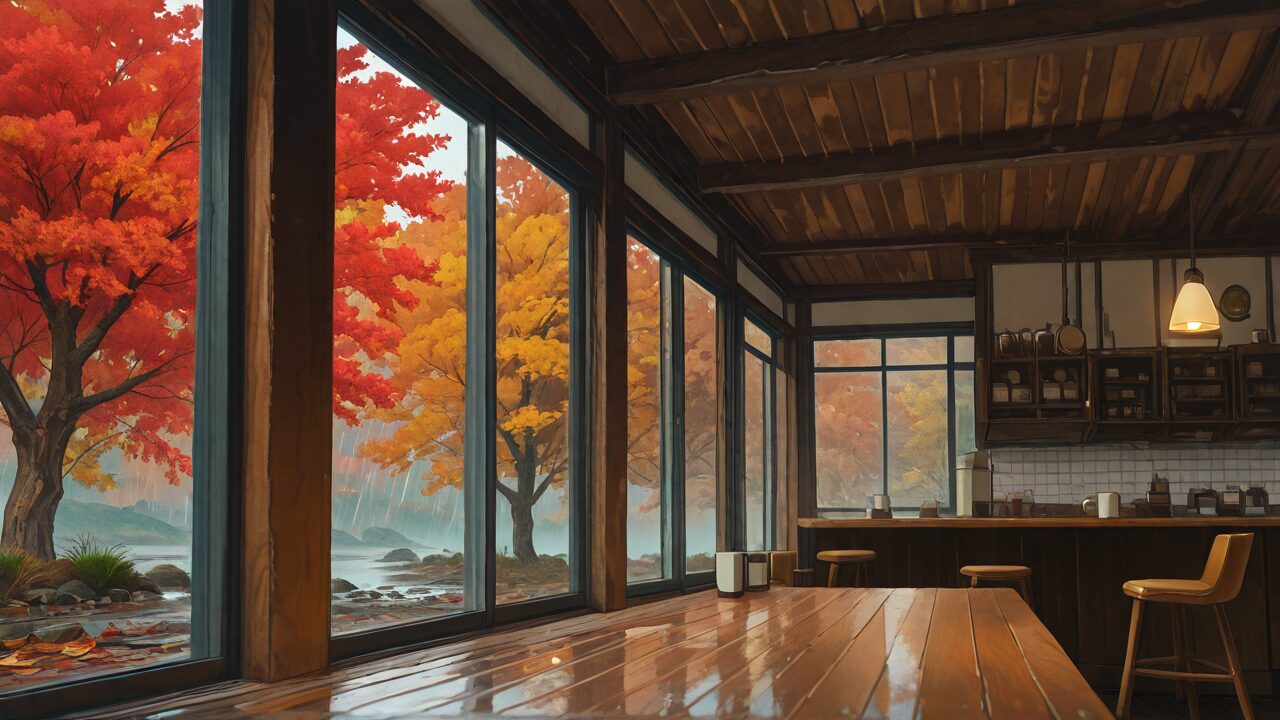 部屋・木製テーブル・秋の木のイラスト素材