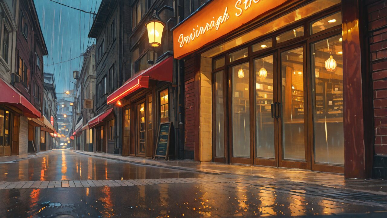 街・店舗・雨のイラスト素材