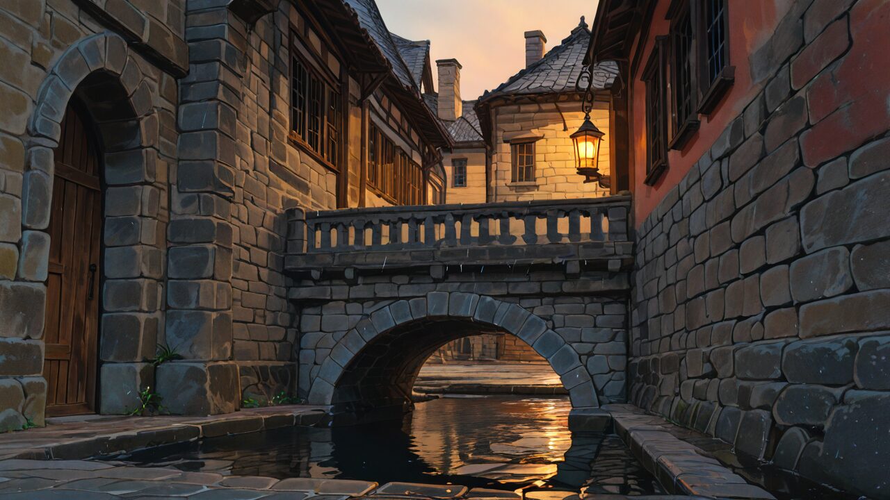 石橋・石造りの建物・川のイラスト素材