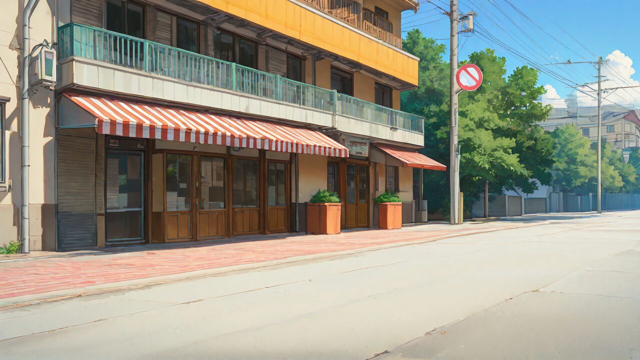 店舗・道路・電柱のイラスト素材