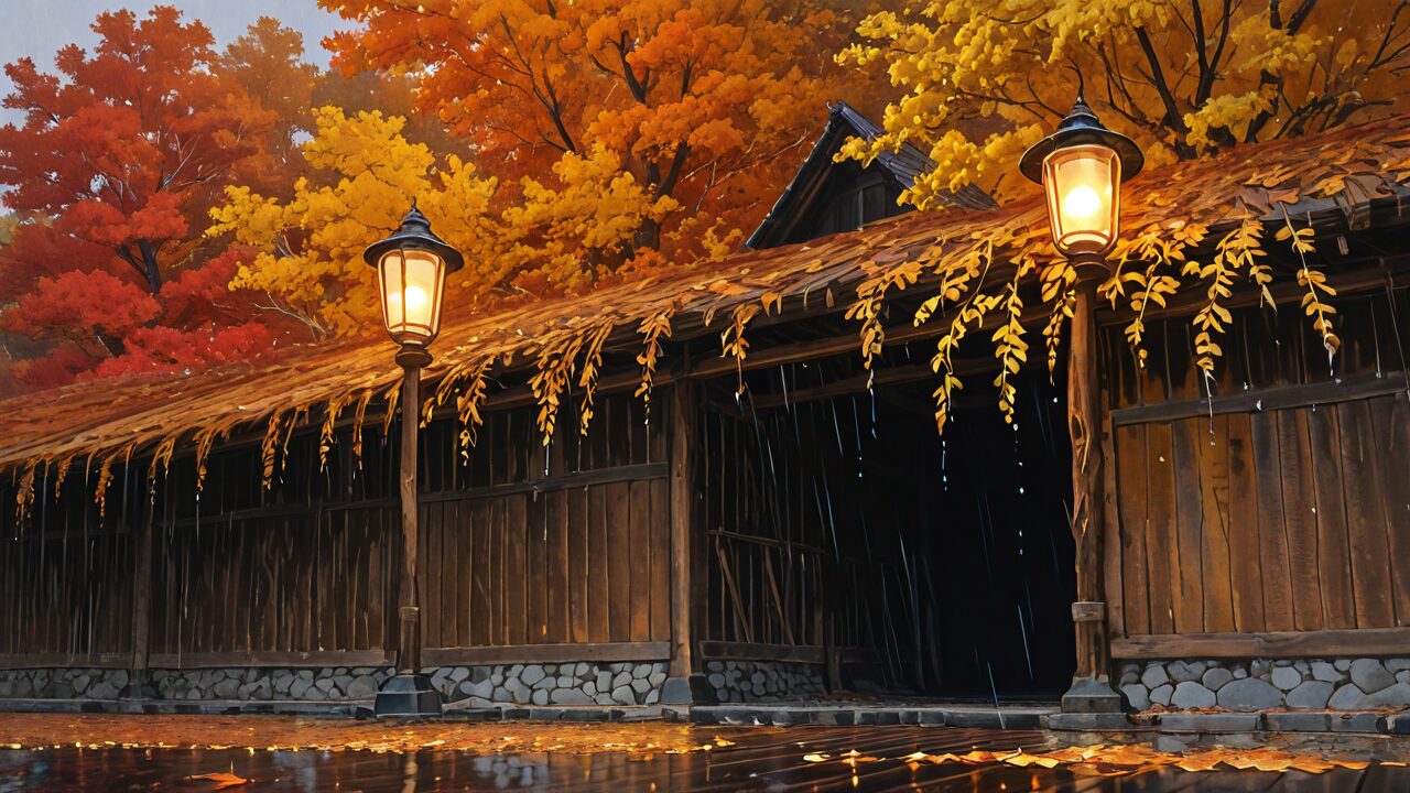 木造建築・秋の木々・雨のイラスト素材