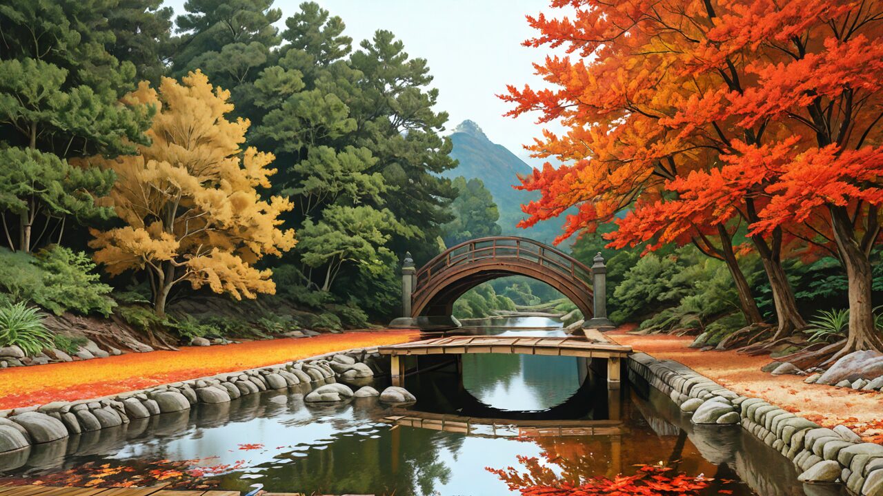 橋・紅葉・池のイラスト素材