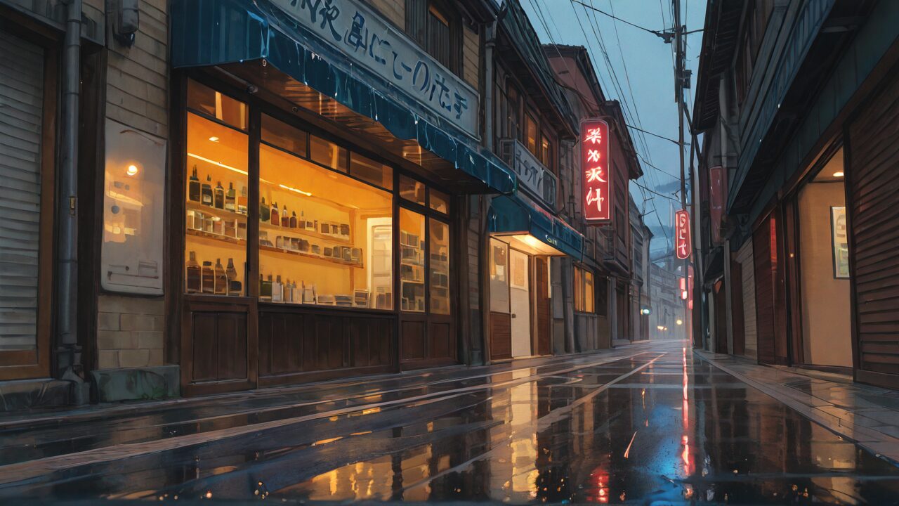 街・店舗・雨のイラスト素材