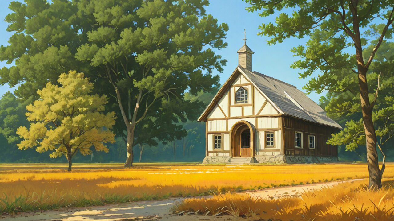 木造家屋・田畑・森林のイラスト素材