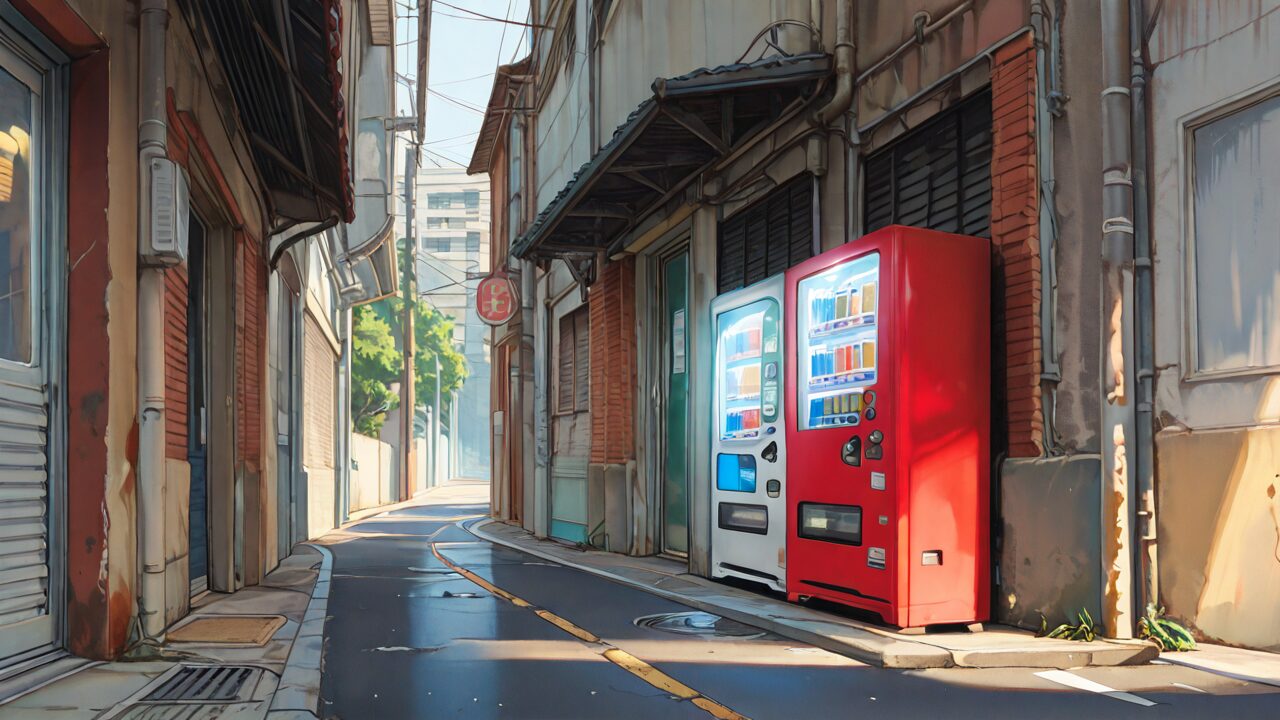 小路・自動販売機・建物のイラスト素材