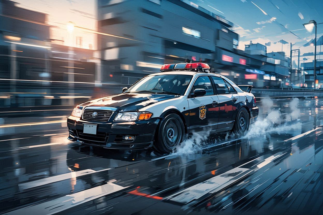 警察車両・スピード・都市夜景のイラスト素材
