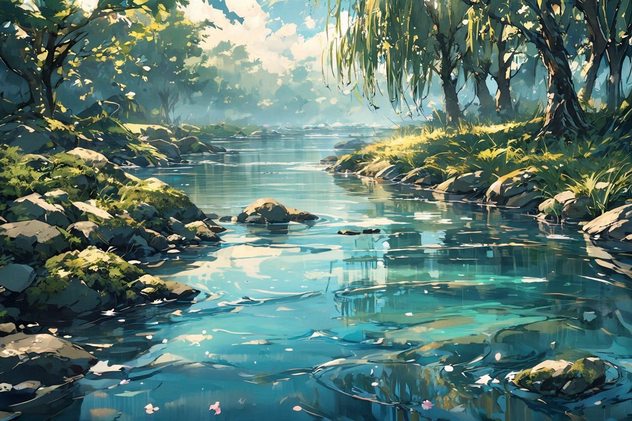 静かな川・自然風景・緑豊かのイラスト素材