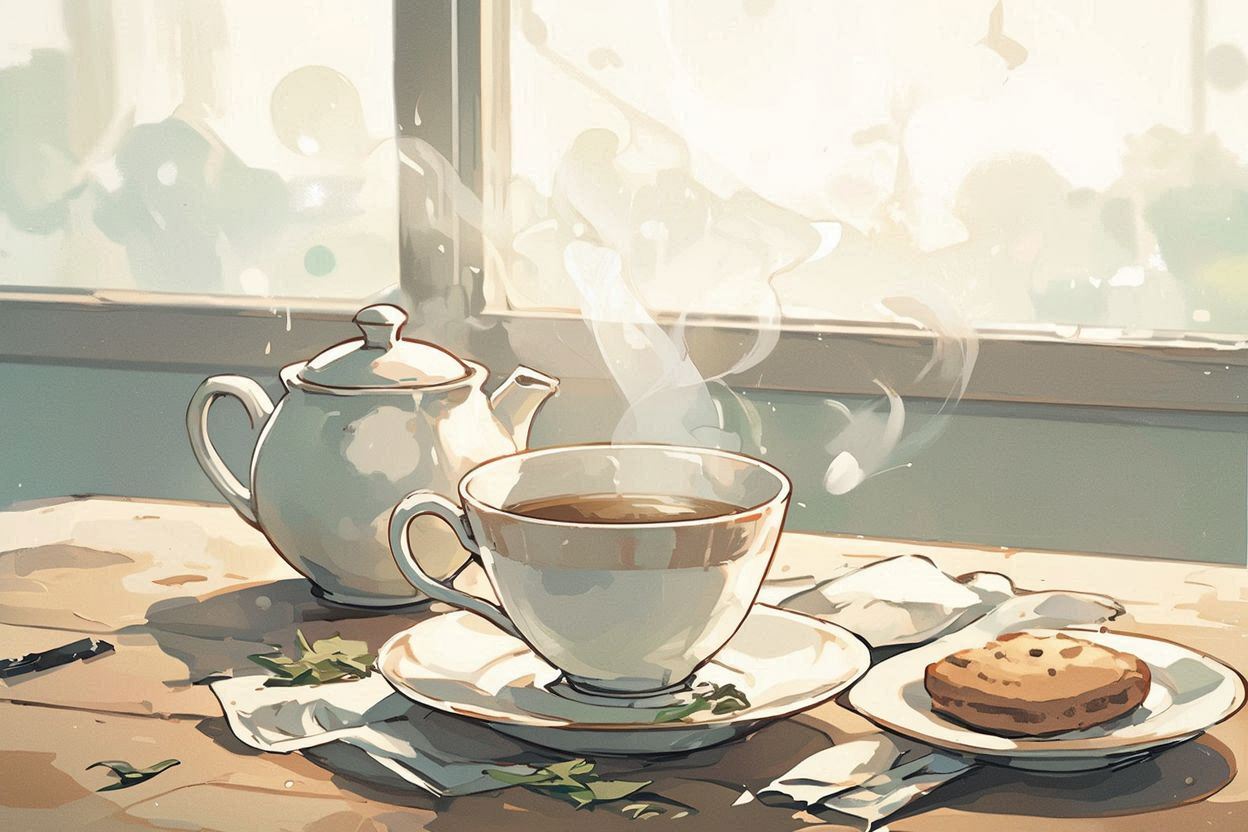 朝のコーヒーカップ・窓辺のテーブル・温かい飲み物のイラスト素材