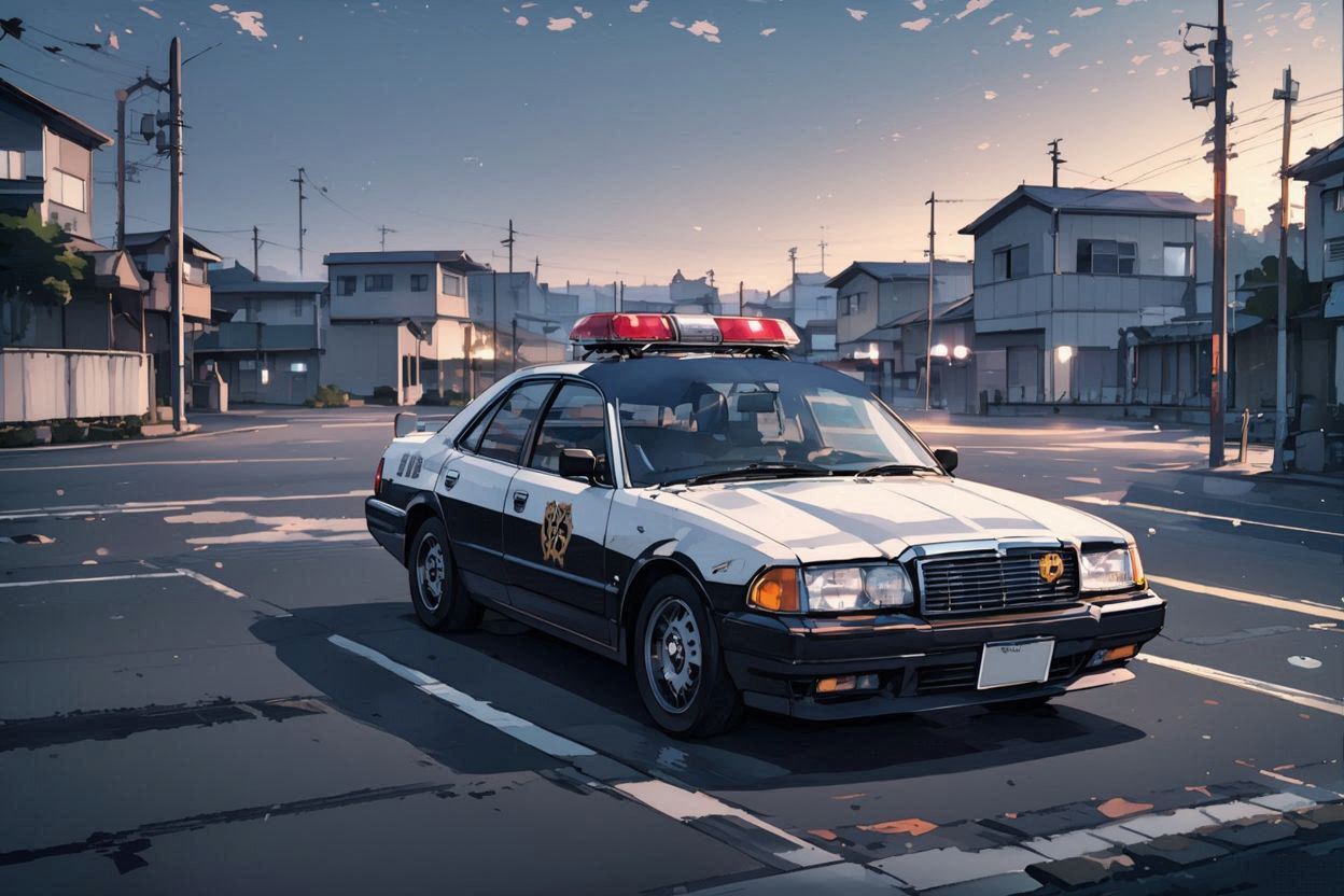 パトカー・街角・夕暮れのイラスト素材