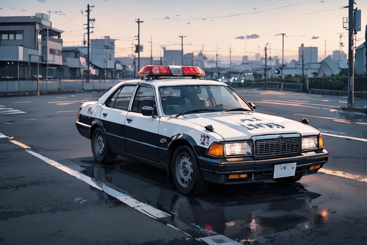 警備車・都市風景・夕焼けのイラスト素材
