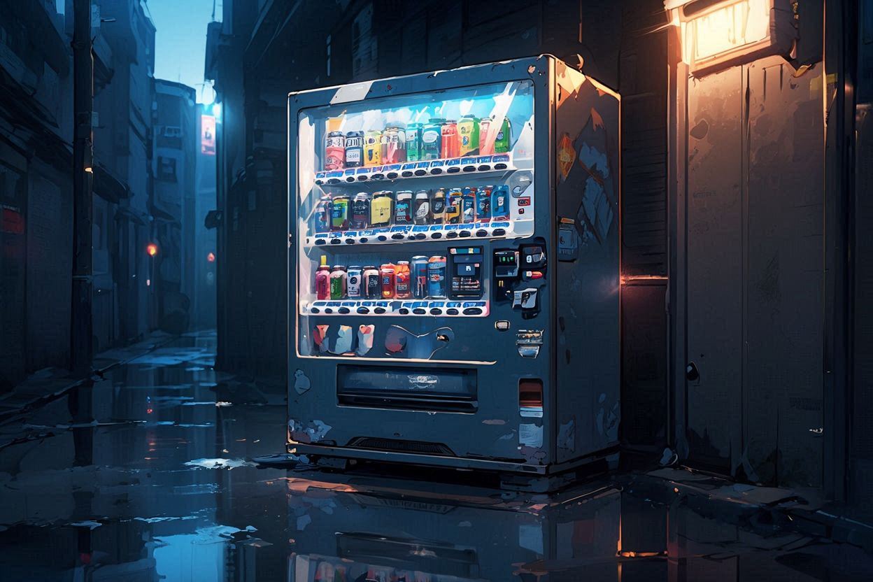 未来都市・自動販売機・雨夜のイラスト素材