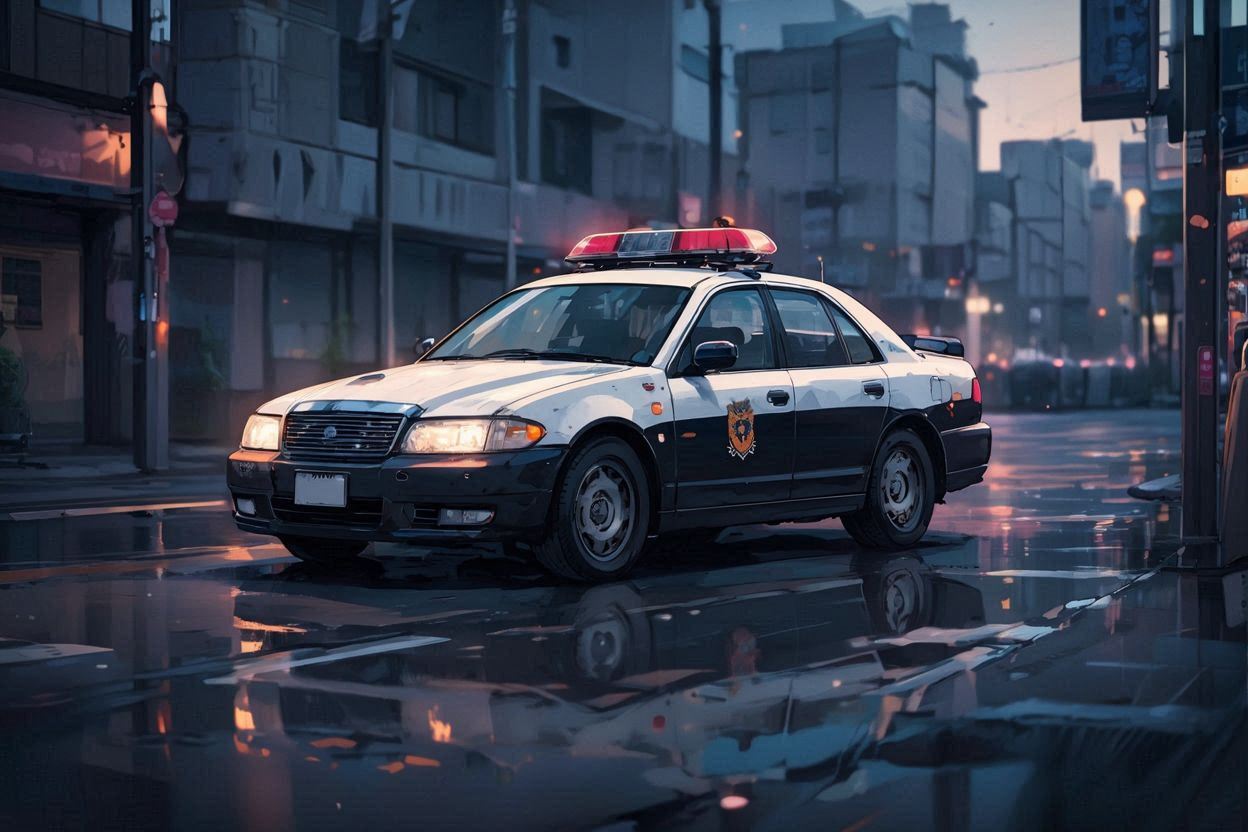 警車・雨の街・夜の光のイラスト素材