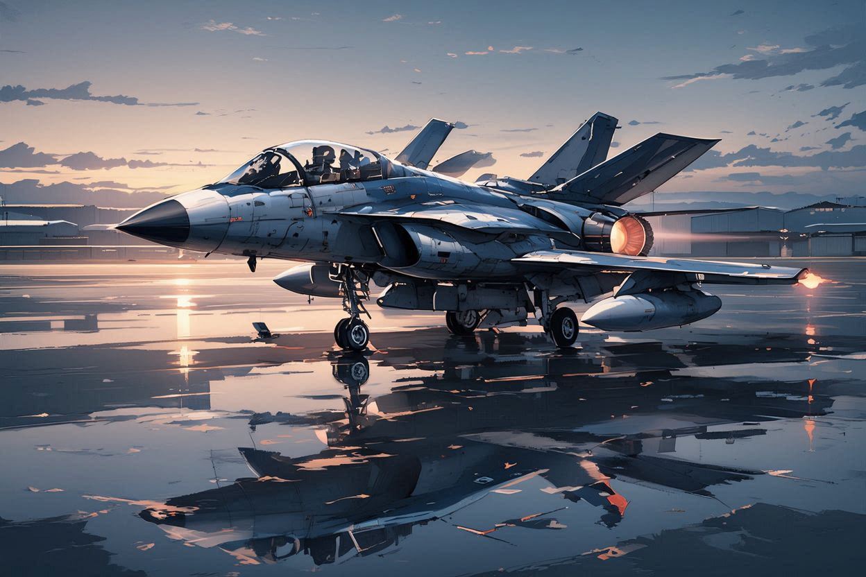 fighter jet・sunset airport・reflected runwayのイラスト素材