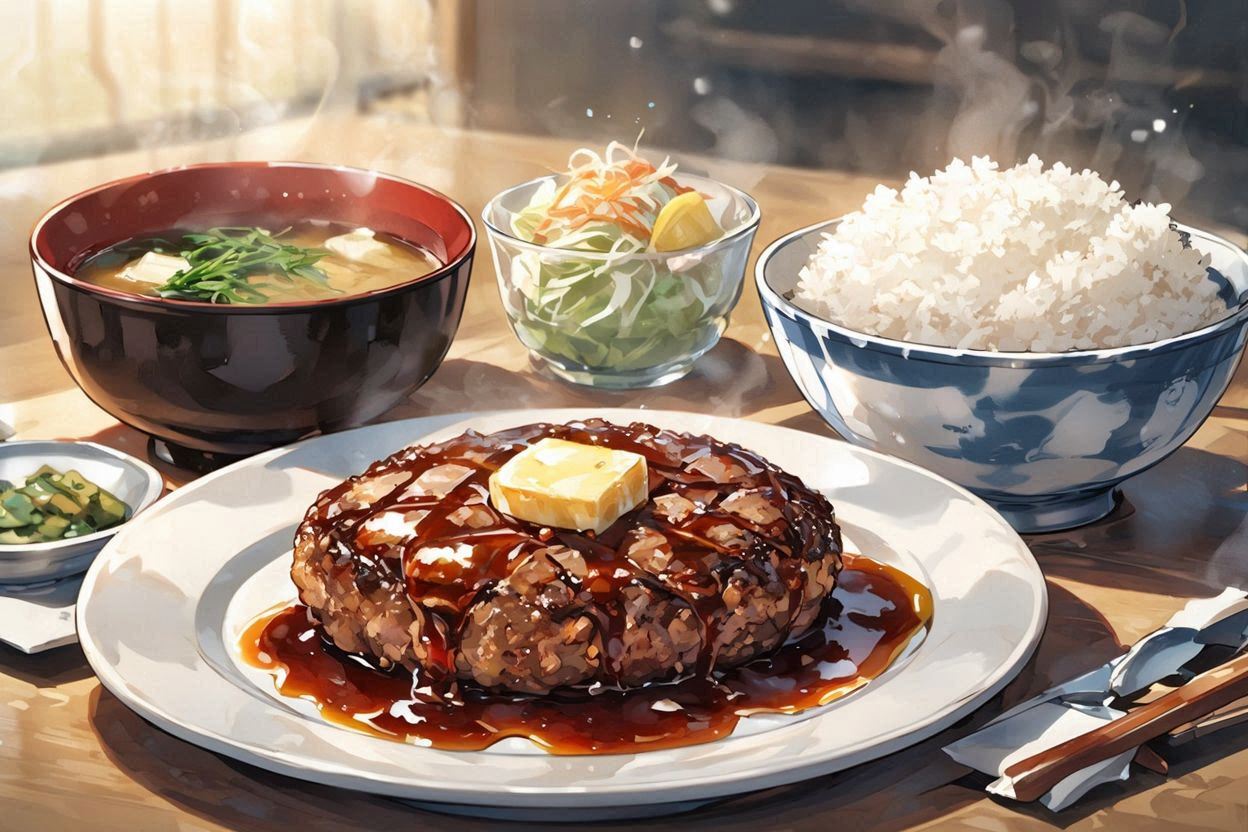 ステーキハンバーグ・日式ランチ・お米とスープのイラスト素材